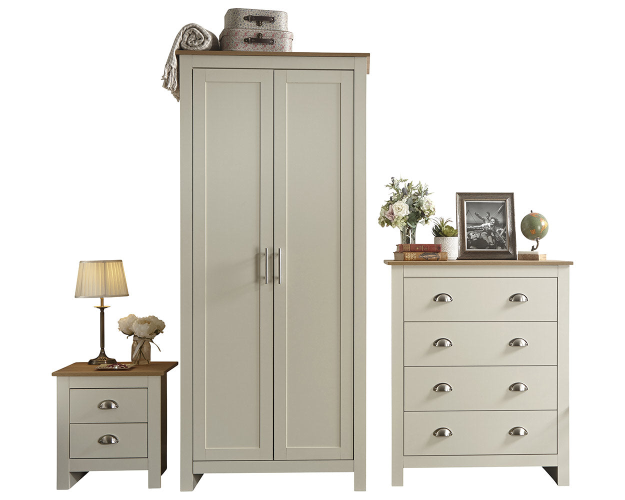 lancaster 3 piece bedroom set in cream with oak effect tops full set on a white setting side by side