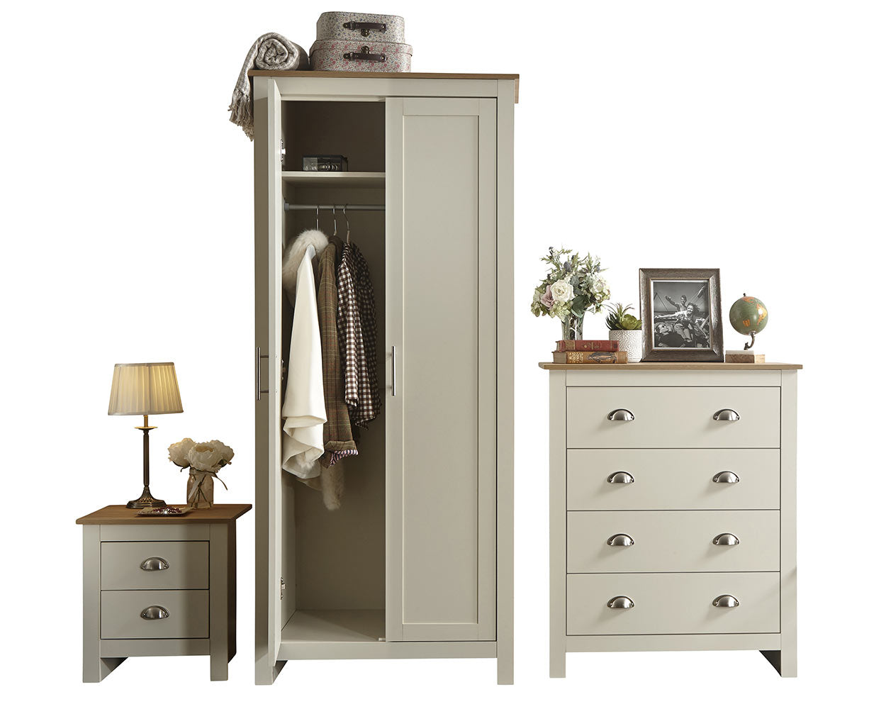 lancaster 3 piece bedroom set in cream with oak effect tops wardrobe door open side by side on a white cut out back ground