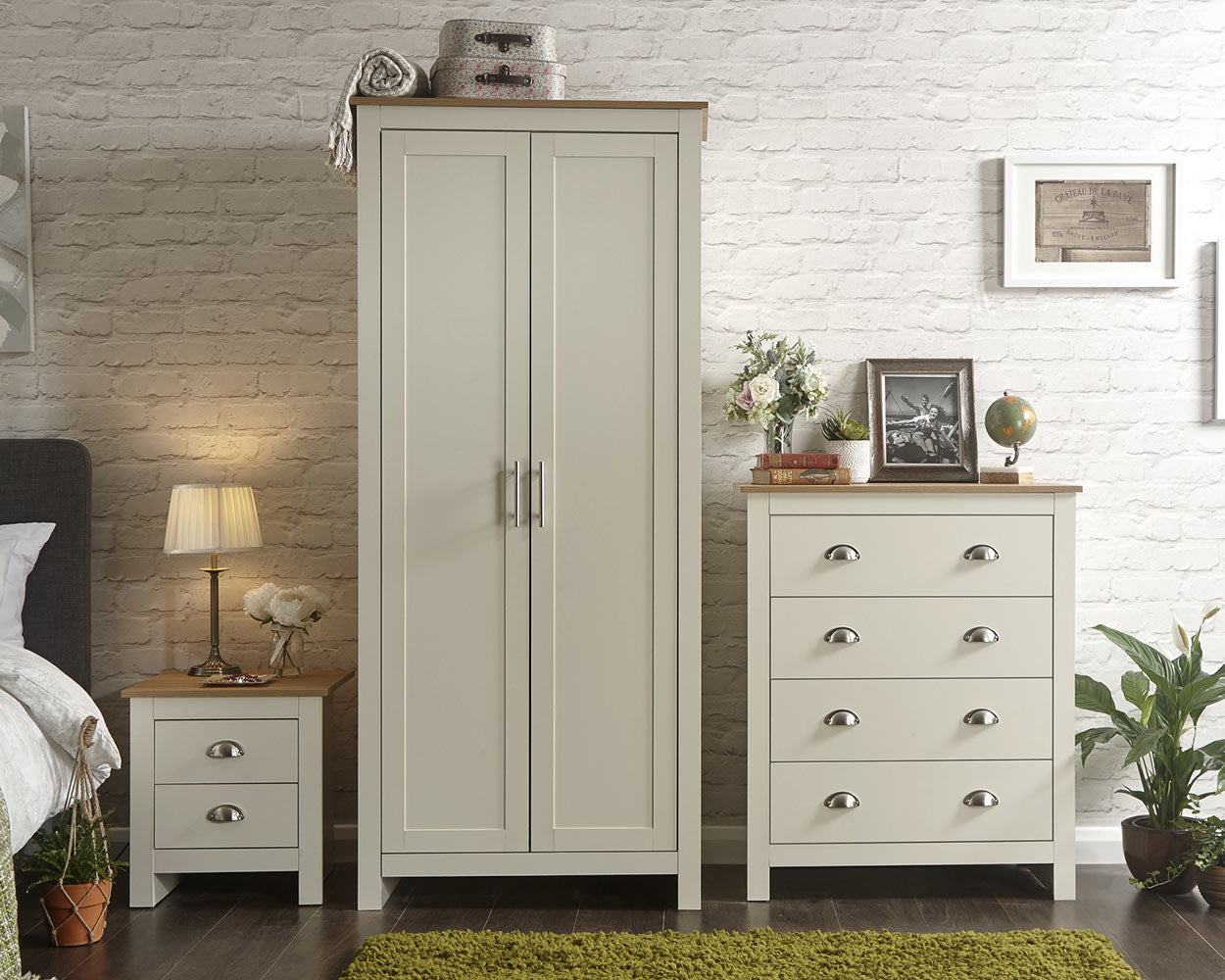 lancaster 3 piece bedroom set in cream with oak effect tops full set in a lifestyle setting side by side