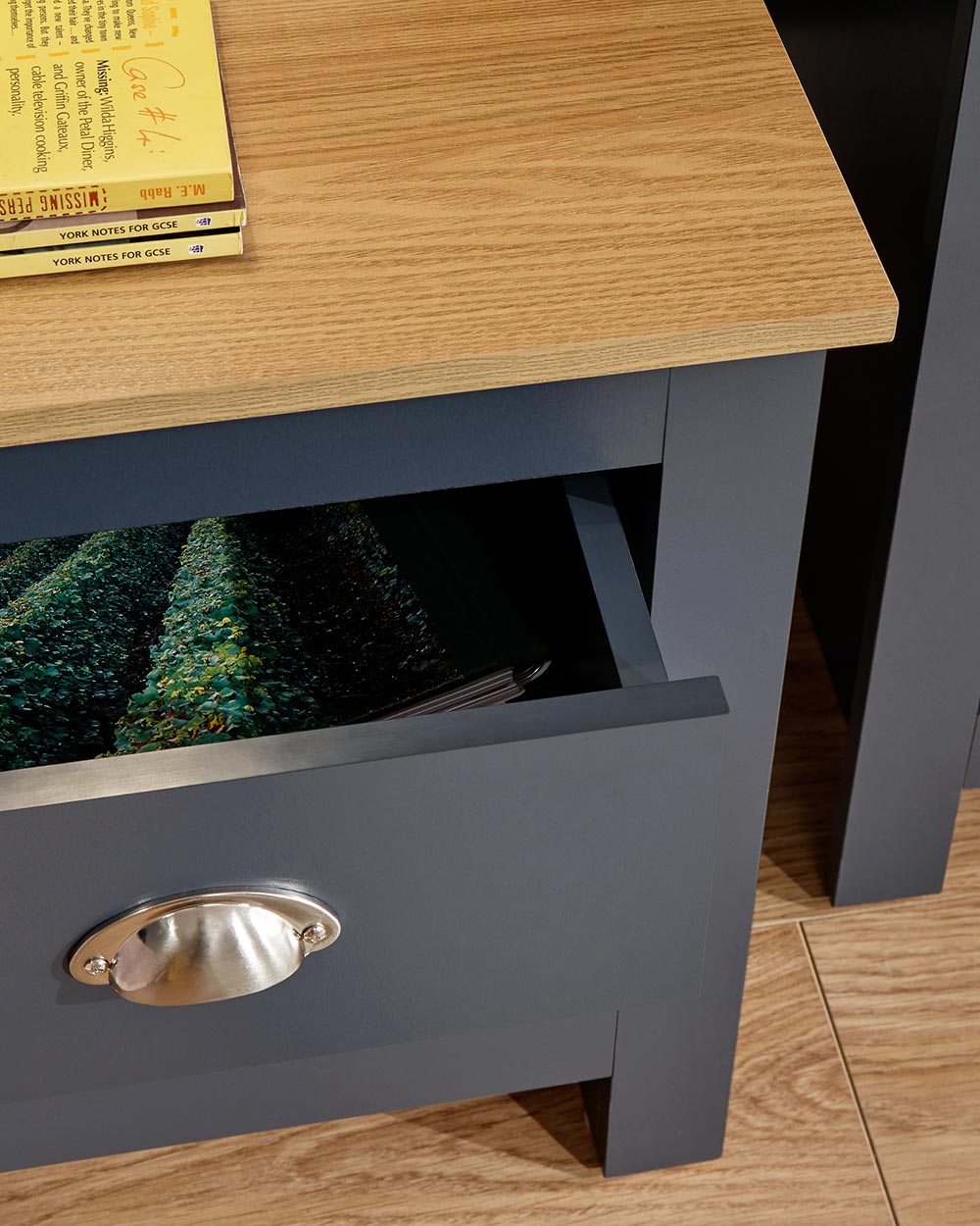 Lancaster4 piece bedroom furniture set by GFW in slate blue in a bedroom setting close up of the bedside table