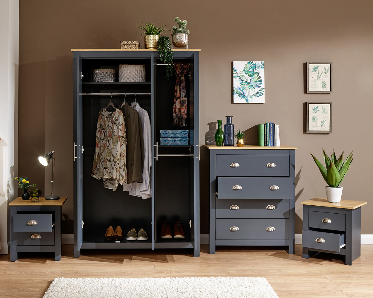 Lancaster4 piece bedroom furniture set by GFW in slate blue in a bedroom setting altogether side by side view with the doors open