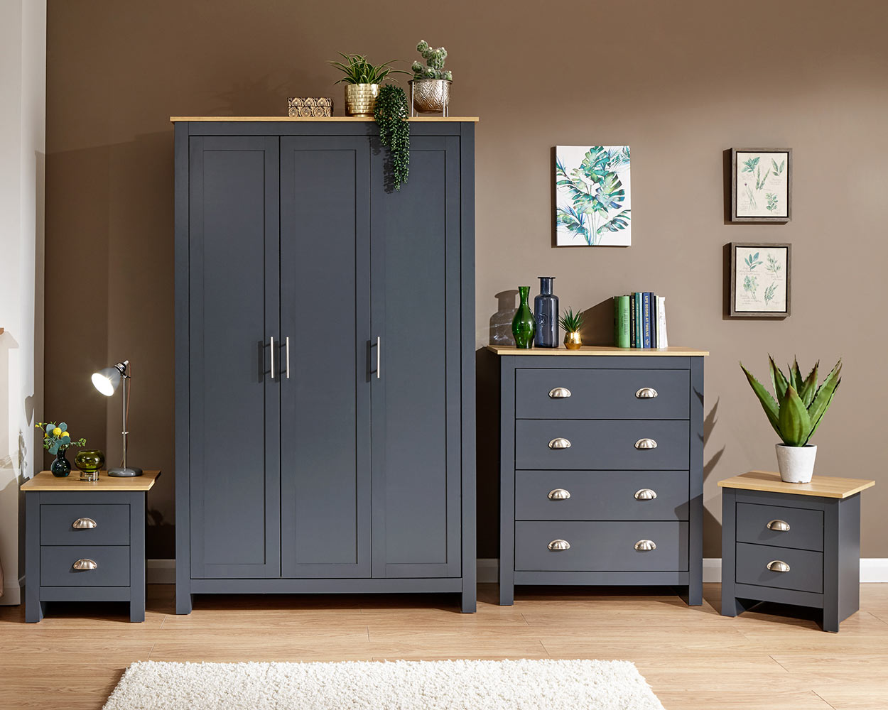 Lancaster4 piece bedroom furniture set by GFW in slate blue in a bedroom setting altogether side by side view