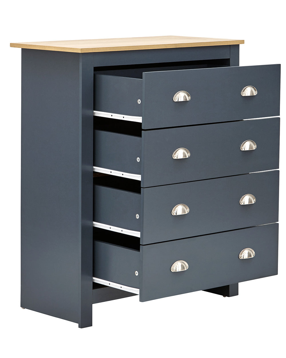 Lancaster4 piece bedroom furniture set by GFW in slate blue on a white back ground setting of the 4 drawer chest of drawers