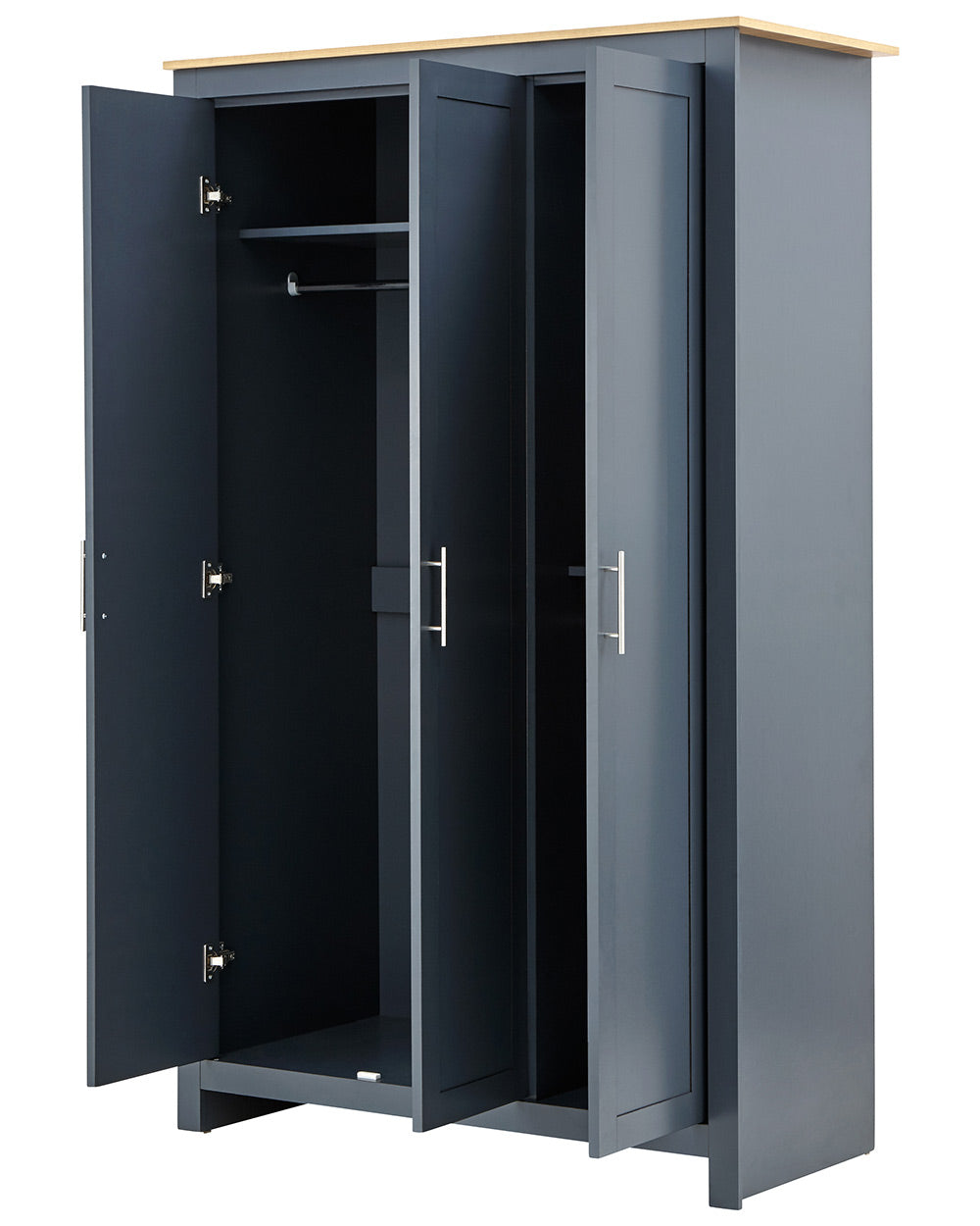 Lancaster4 piece bedroom furniture set by GFW in slate blue on a white back ground setting of the wardrobe side open view