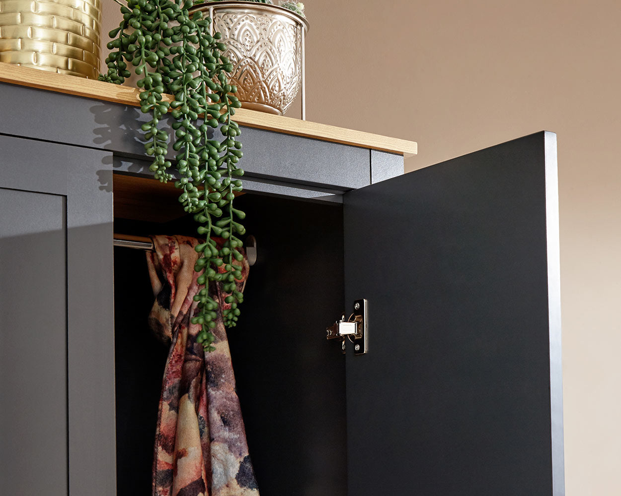 Lancaster4 piece bedroom furniture set by GFW in slate blue in a bedroom setting close up of the wardrobe hinge