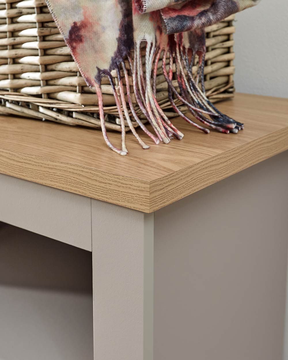 Lancaster simple shoe bench close up of the thick 25mm oak effect top in a lifestyle image