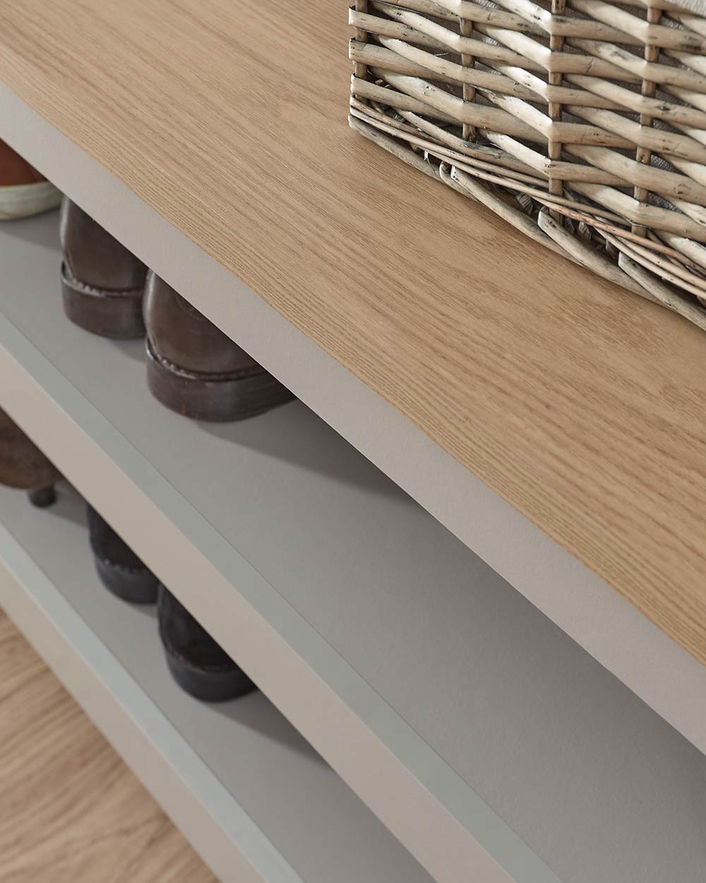 Lancaster simple shoe bench close up of the thick 25mm oak effect top in a lifestyle image