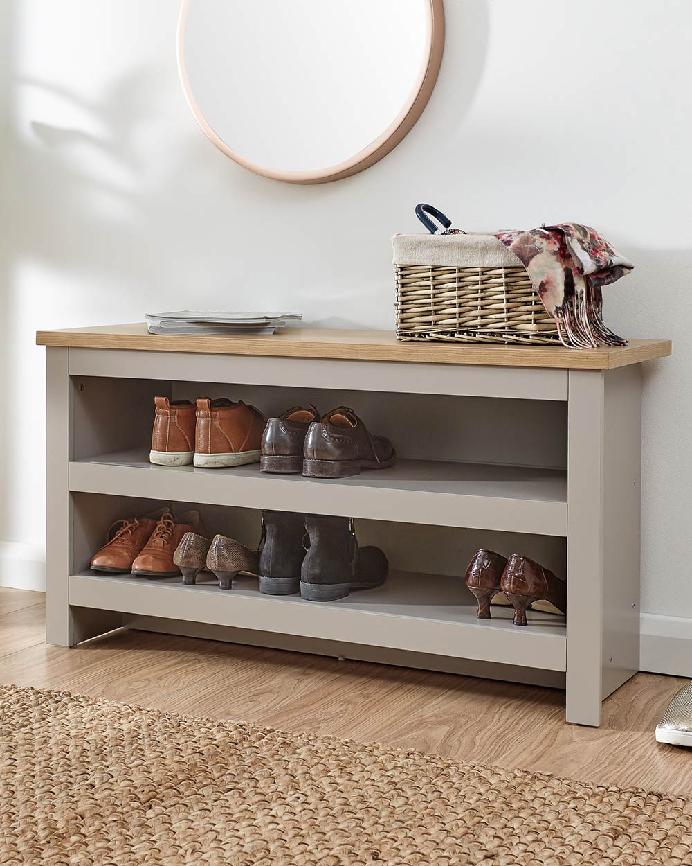 Lancaster simple shoe bench grey with a thick oak effect top on a lifestyle image in a porch