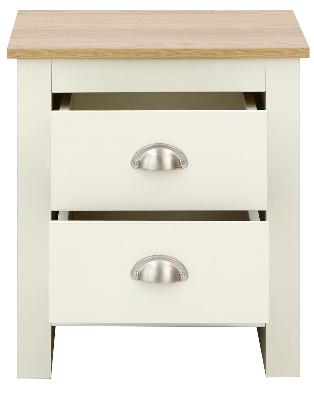 Lancaster bedside cabinet in cream with an oak effect top on a white background with both drawers open