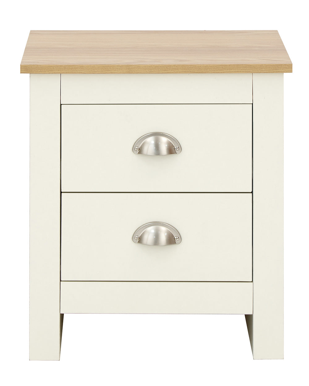 Lancaster bedside cabinet in cream with an oak effect top on a white background with both drawers open