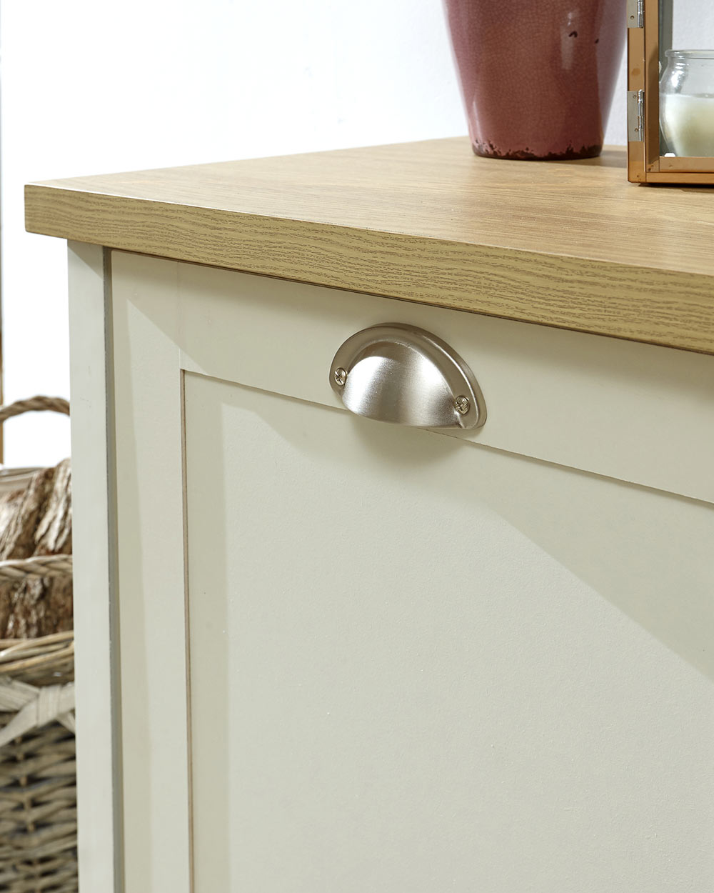 Lancaster shoe storage cabinet hallway porch or living room. Shaker style in a lifestyle scene close up of the handles and oak effect top