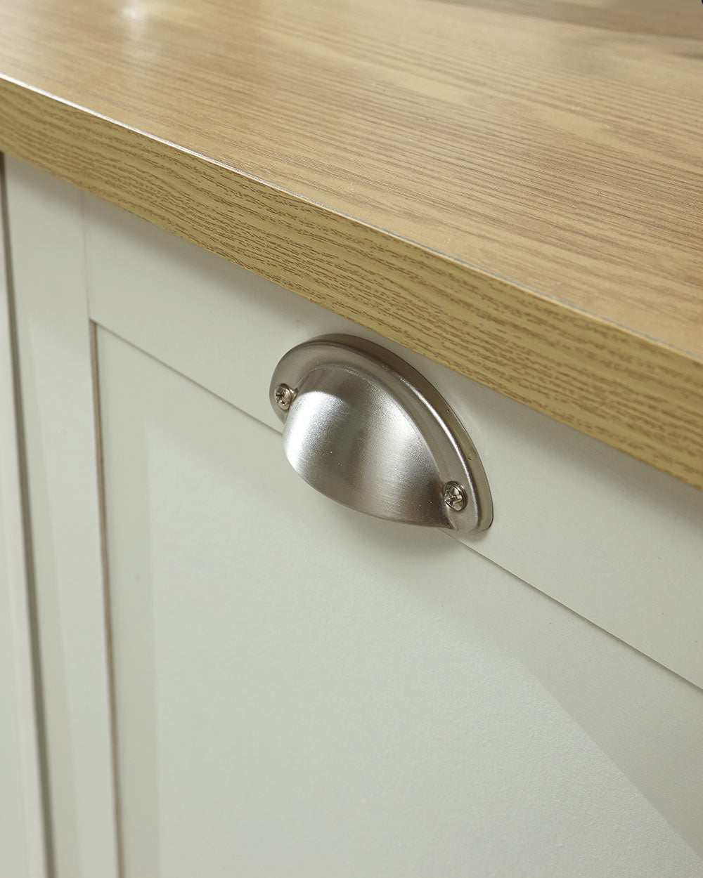 Lancaster shoe storage cabinet hallway porch or living room. Shaker style in a lifestyle scene close up of the brushed silver handle