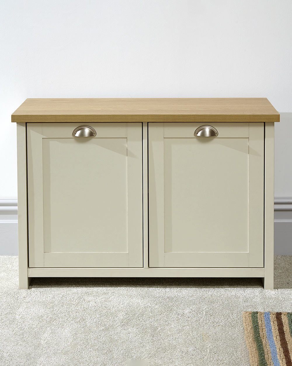 Lancaster shoe storage cabinet hallway porch or living room. Shaker style in a lifestyle scene