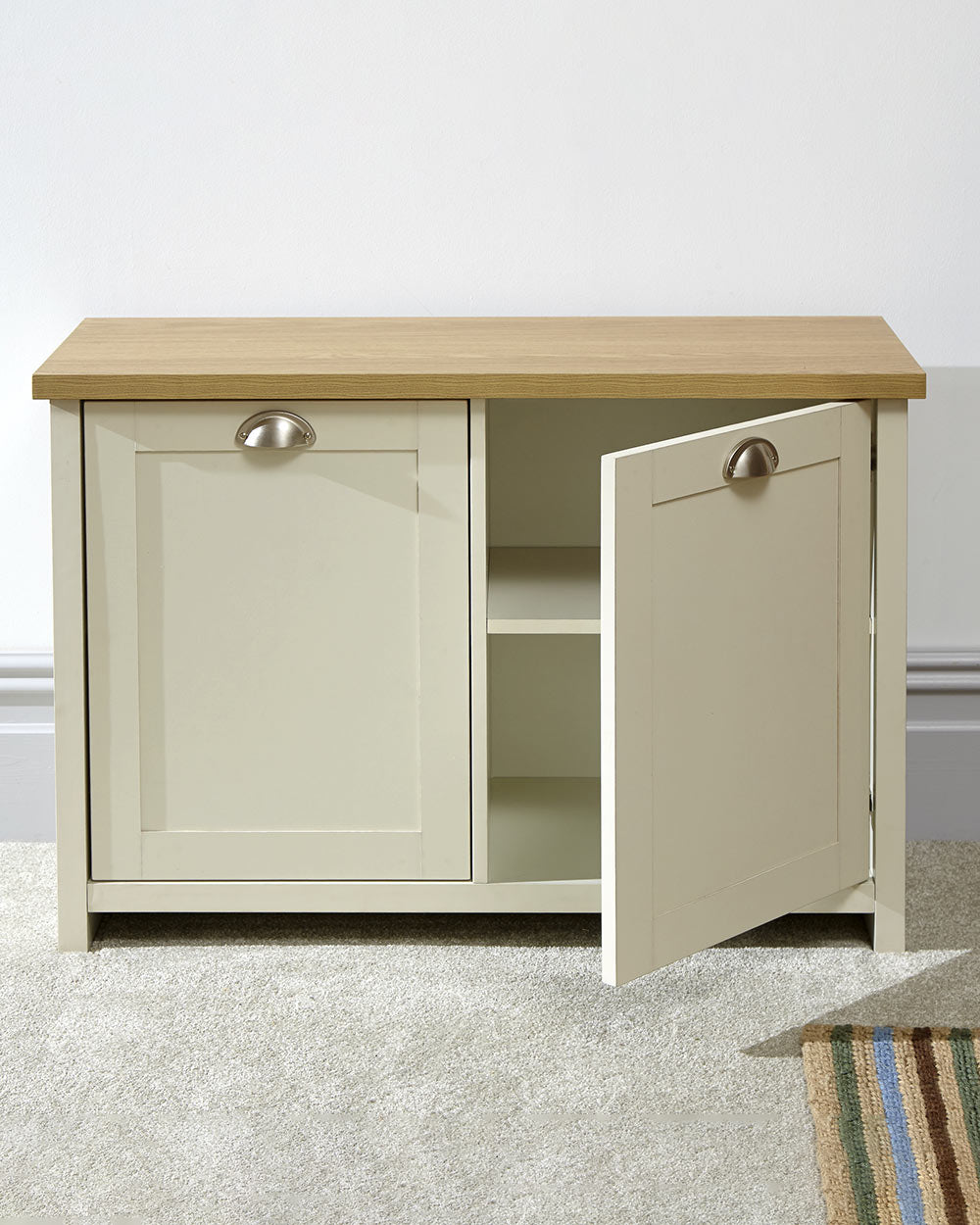 Lancaster shoe storage cabinet hallway porch or living room. Shaker style in a lifestyle scene