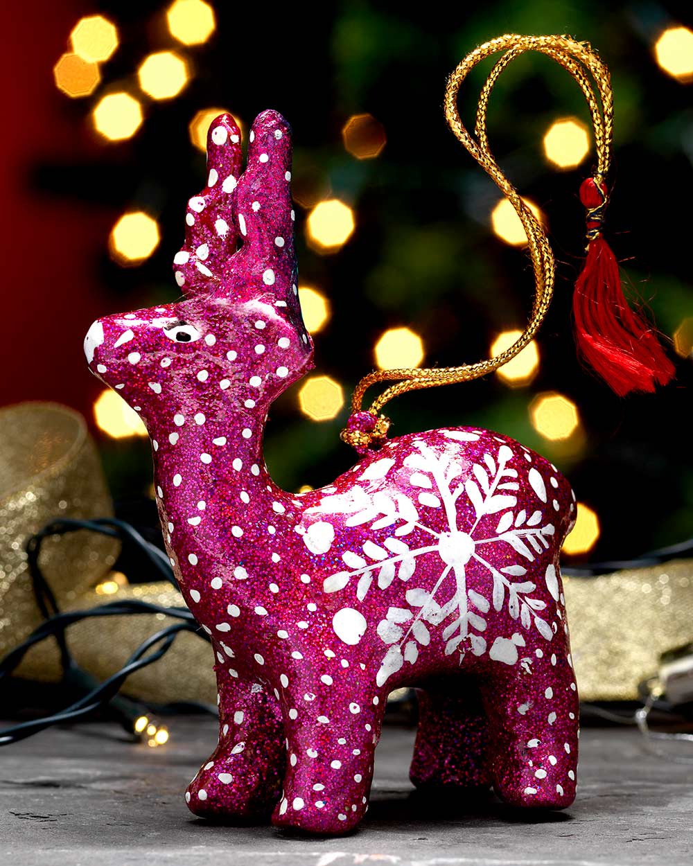 Handmade Reindeer Christmas Decoration pink hand crafted in India, fair trade and bio degradable