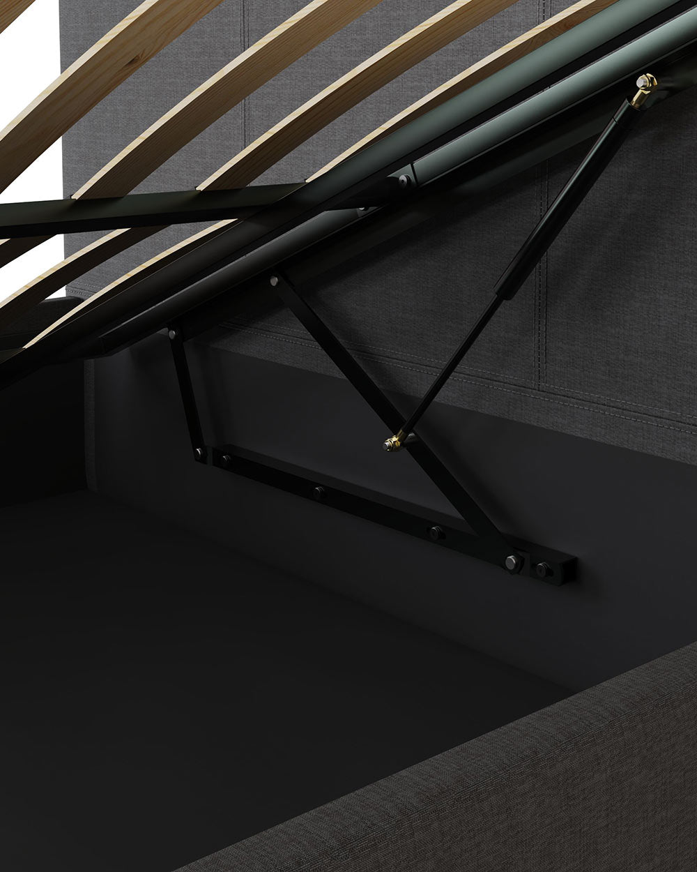 Side Lift ottoman Single Bed upholstered in Grey Hopsack in a lifestyle setting of a bedroom close up of the mechanism