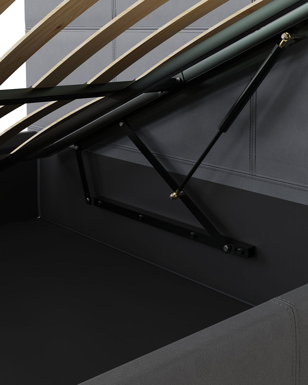 Side lift ottoman bed in grey faux leather by the brand GFW. Featured in a lifestyle bedroom setting lifted up close up of the mechanism