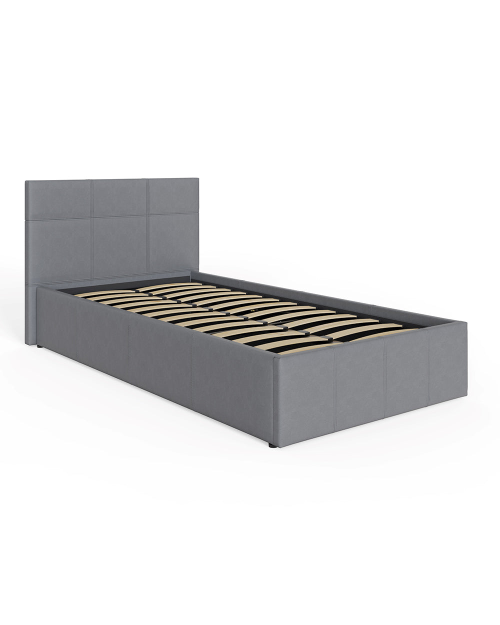 Side lift ottoman bed in grey faux leather by the brand GFW. Featured on a white back ground