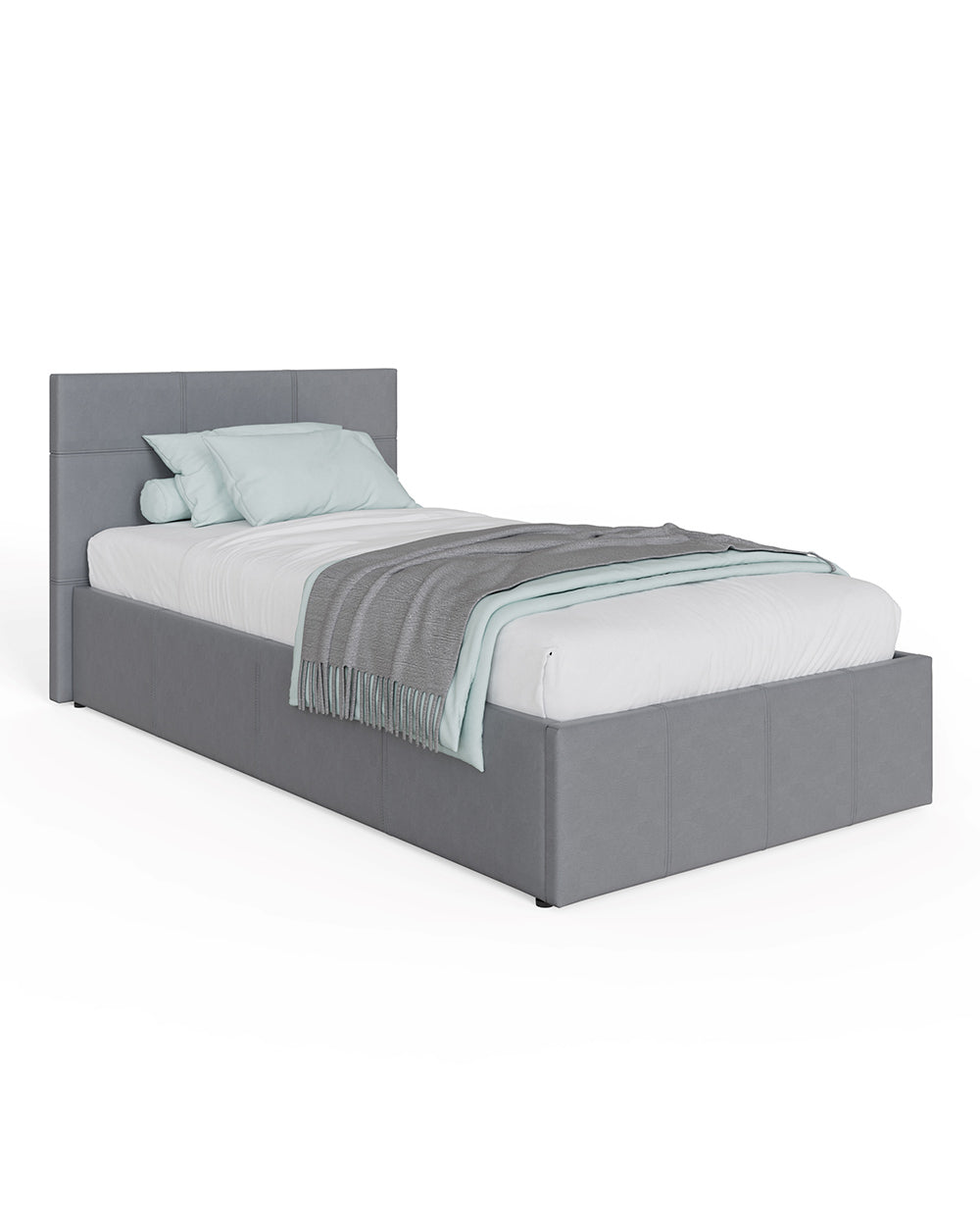 Side lift ottoman bed in grey faux leather by the brand GFW. Featured on a white back ground