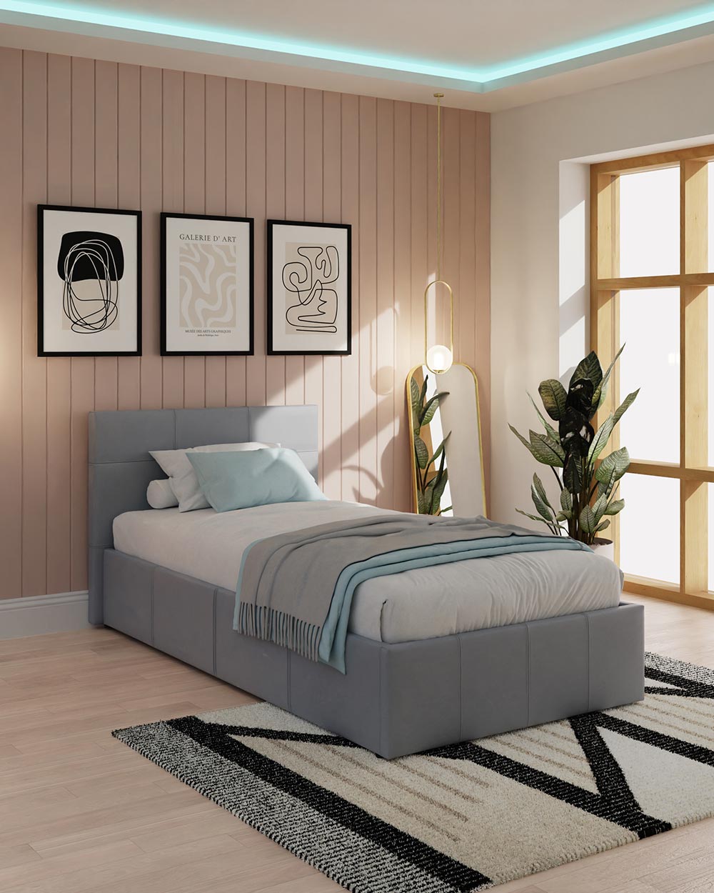Side lift ottoman bed in grey faux leather by the brand GFW. Featured in a lifestyle bedroom setting