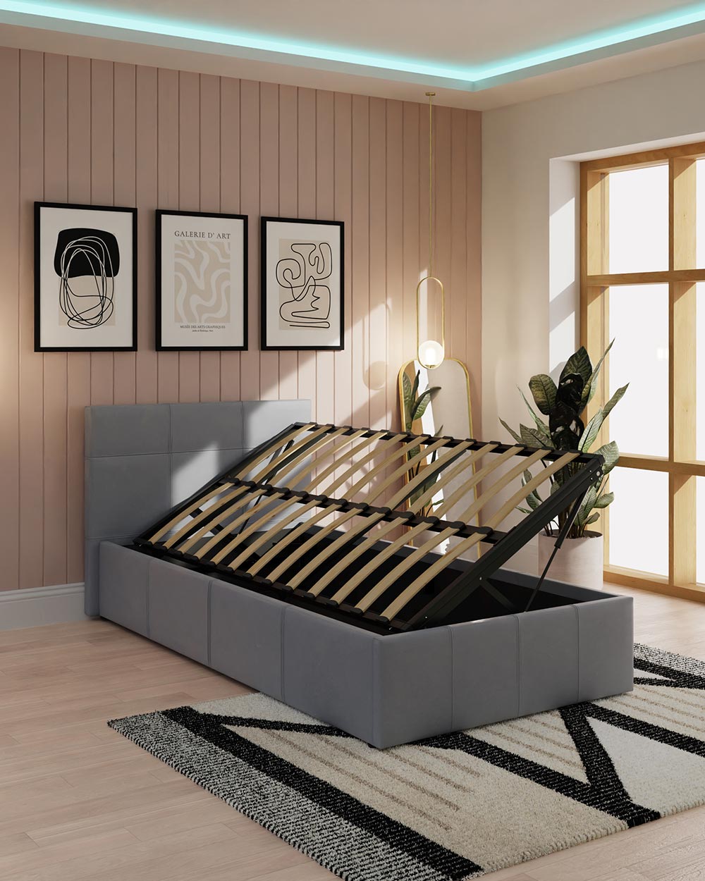 Side lift ottoman bed in grey faux leather by the brand GFW. Featured in a lifestyle bedroom setting lifted up