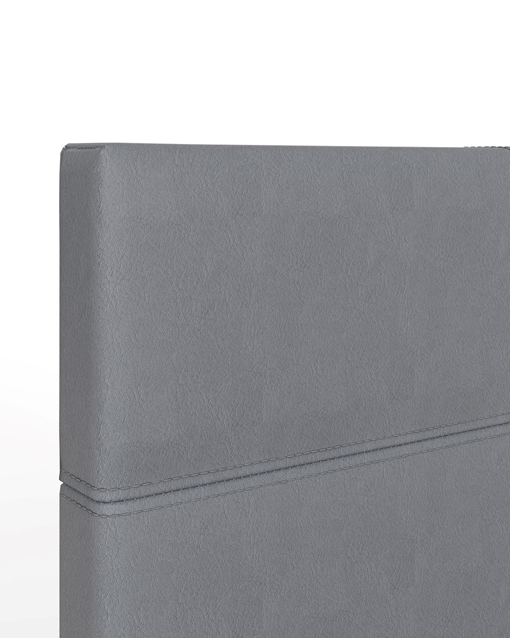 Side lift ottoman bed in grey faux leather by the brand GFW. Featured on a white back ground close up of the headboard