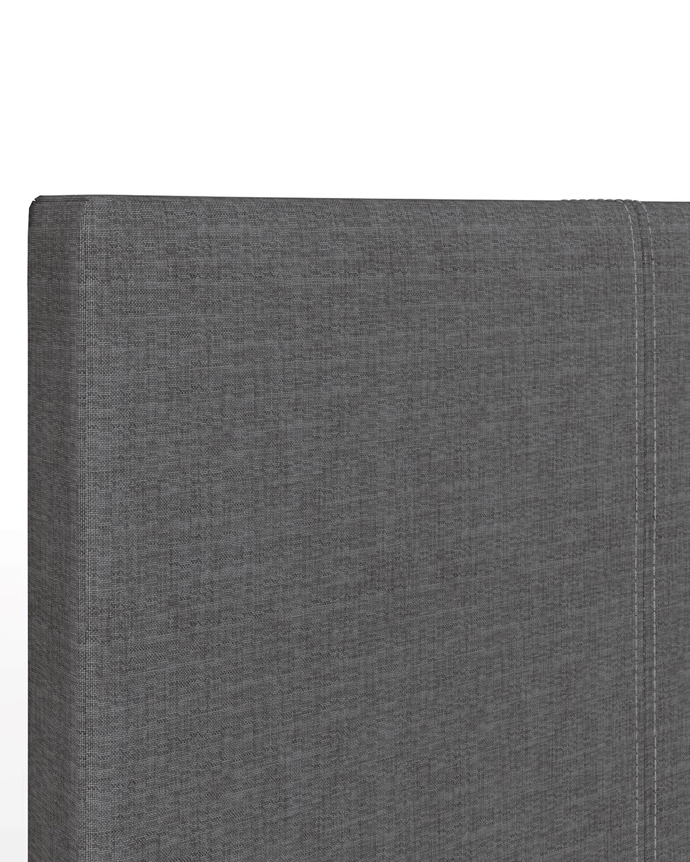 Side Lift ottoman Single Bed upholstered in Grey Hopsack ion a white background close up of the stitching and the headboard