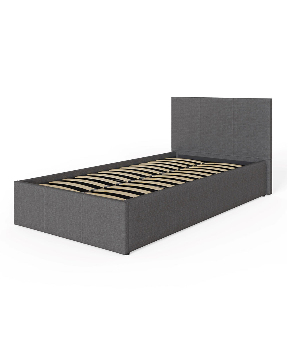 Side Lift ottoman Single Bed upholstered in Grey Hopsack ion a white background side view