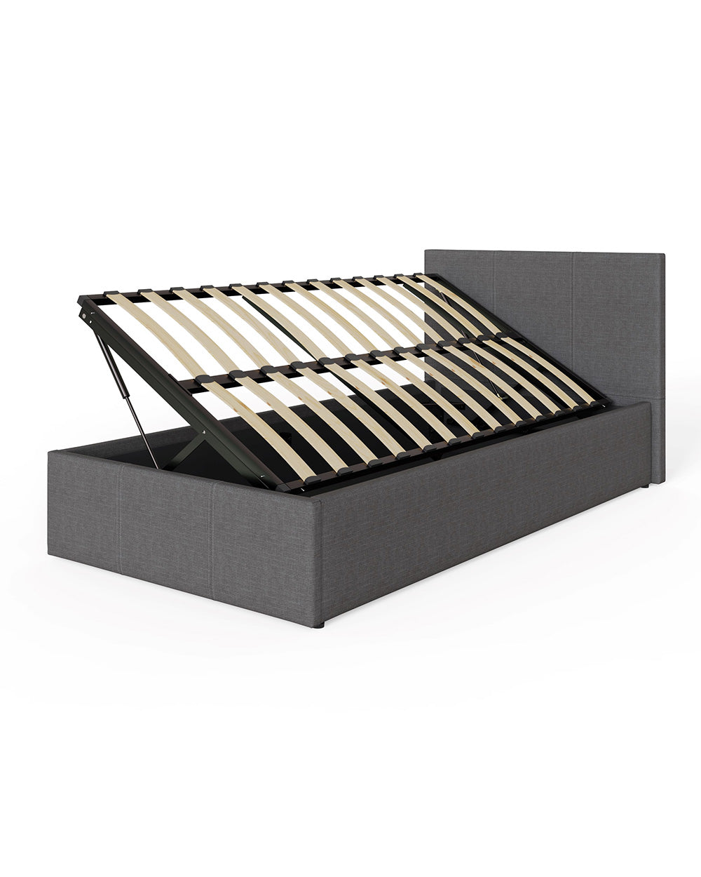 Side Lift ottoman Single Bed upholstered in Grey Hopsack ion a white background lifted up view