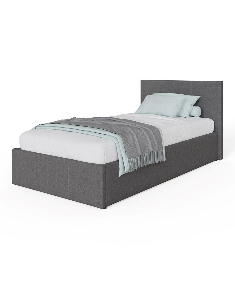 Side Lift ottoman Single Bed upholstered in Grey Hopsack ion a white background