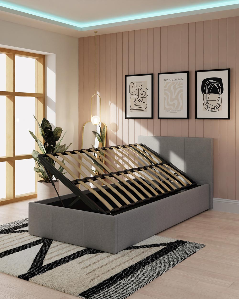 Side Lift ottoman Single Bed upholstered in Grey Hopsack in a lifestyle setting of a bedroom lifted up