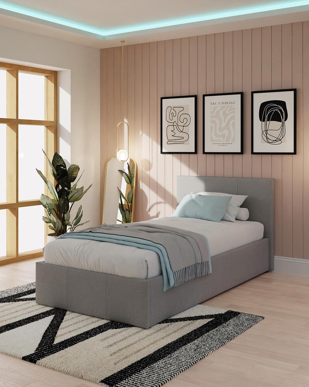 Side Lift ottoman Single Bed upholstered in Grey Hopsack in a lifestyle setting of a bedroom