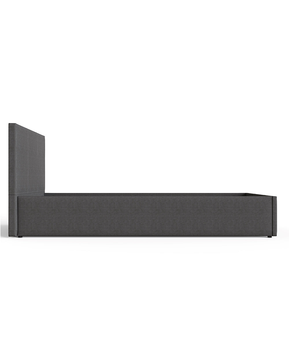 Side Lift ottoman Single Bed upholstered in Grey Hopsack ion a white background side view