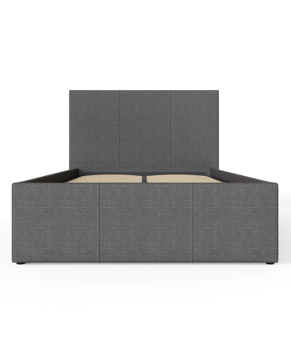 Side Lift ottoman Single Bed upholstered in Grey Hopsack ion a white background front view