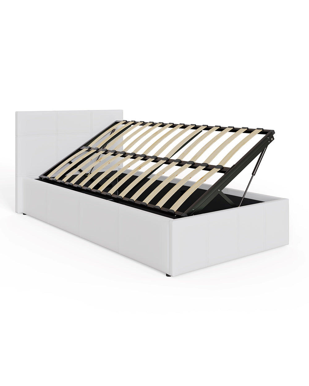 Side lift ottoman single bed in white PU leather GFW in a white cut out setting lifted up