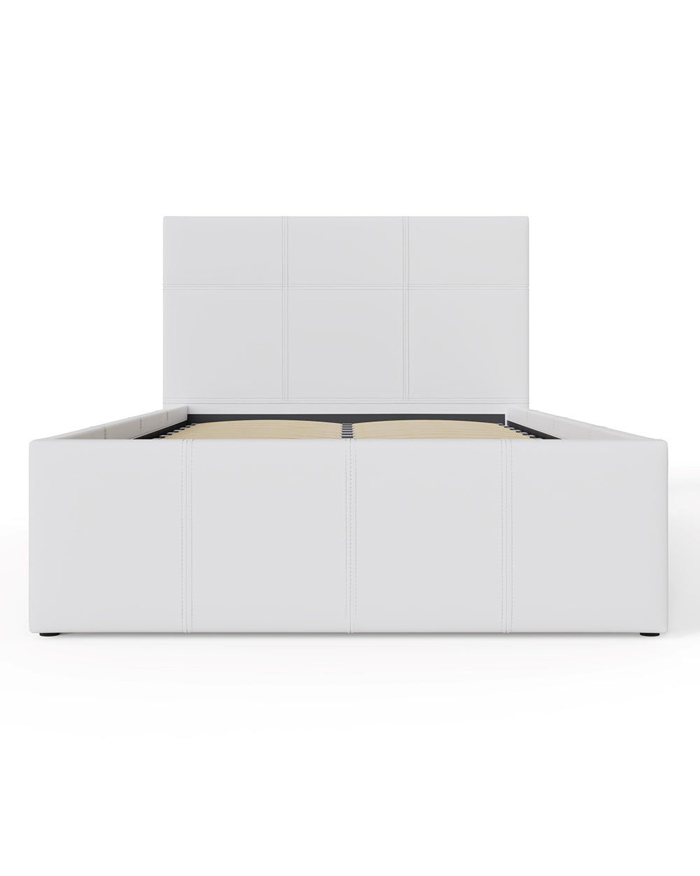 Side lift ottoman single bed in white PU leather GFW in a white cut out setting front view