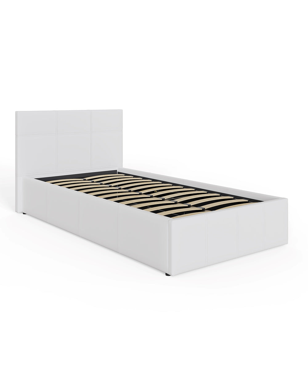 Side lift ottoman single bed in white PU leather GFW in a white cut out setting angled view