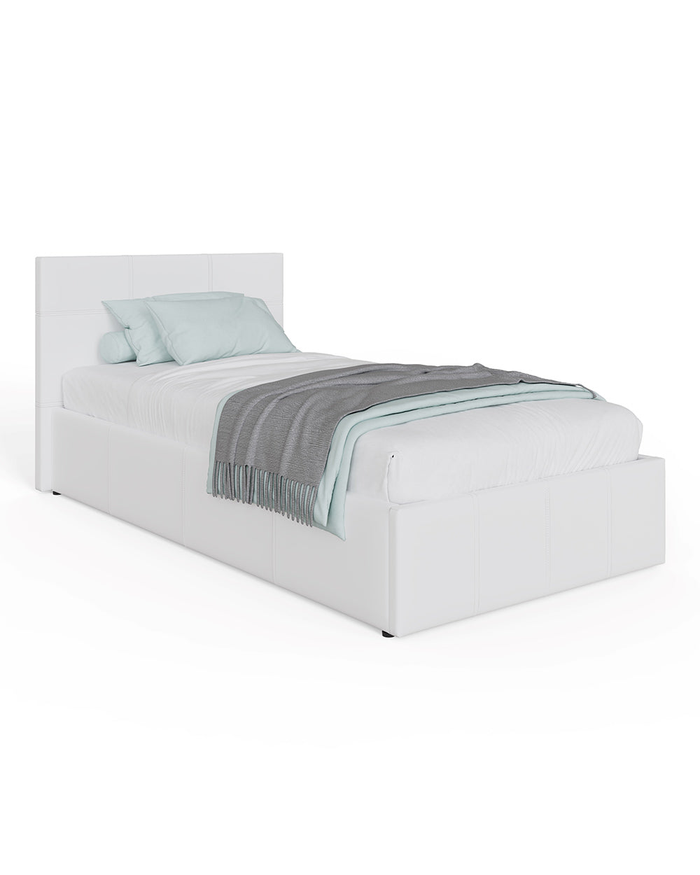 Side lift ottoman single bed in white PU leather GFW in a white cut out setting
