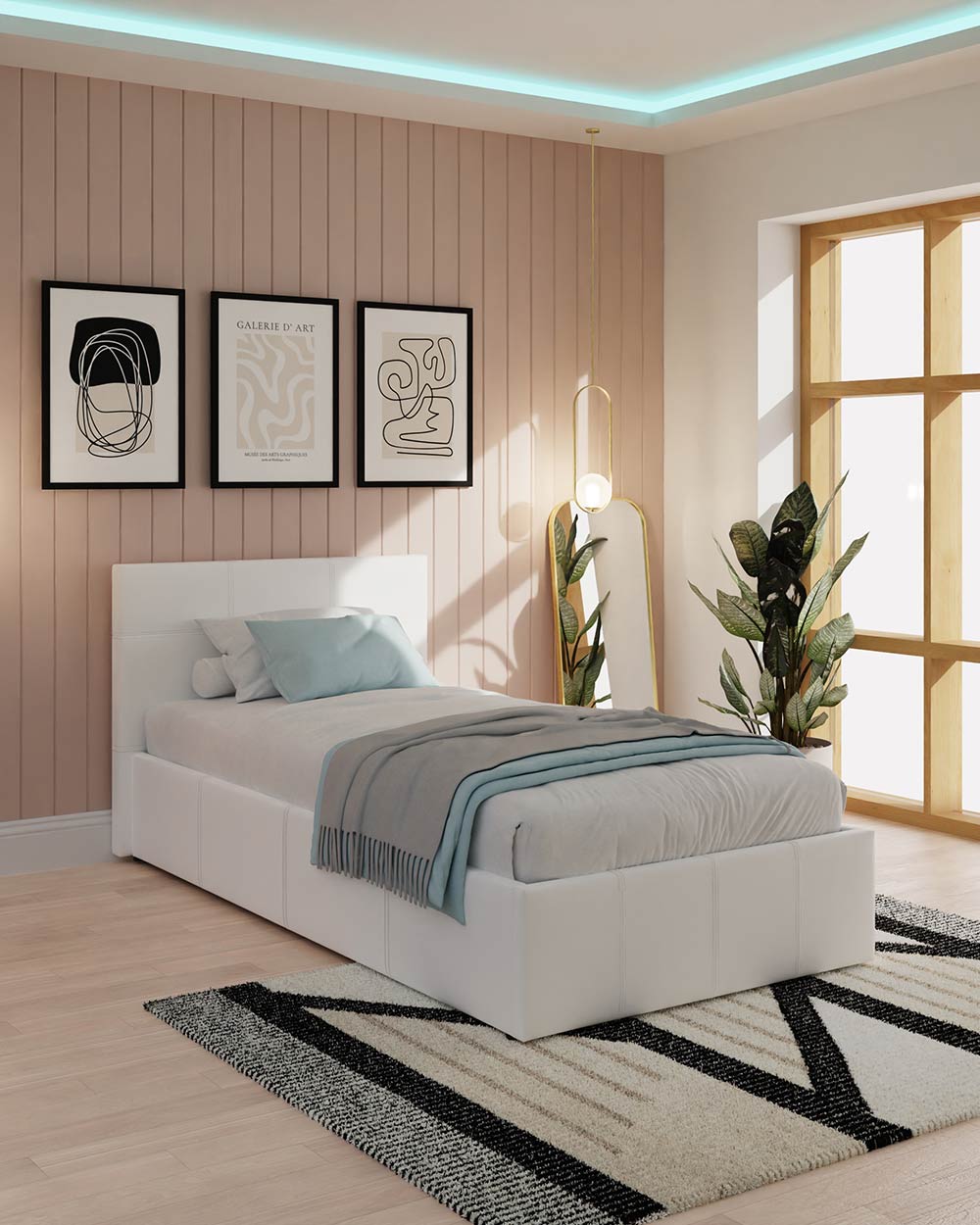 Side lift ottoman single bed in white PU leather GFW in a lifestyle bedroom setting