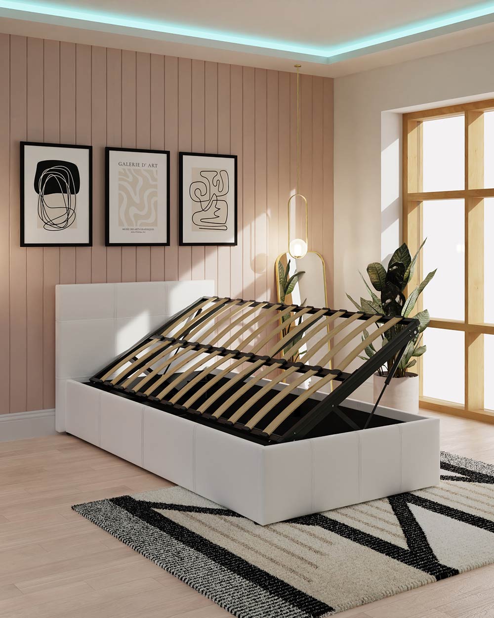 Side lift ottoman single bed in white PU leather GFW in a lifestyle bedroom setting lifted up