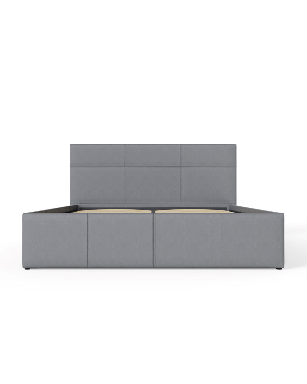 small double bed side lift ottoman from GFW in grey faux leather front facing on a white setting