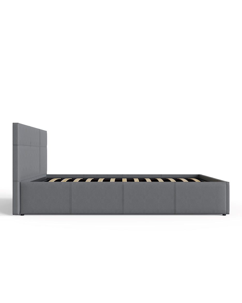 small double bed side lift ottoman from GFW in grey faux leather side facing on a white setting