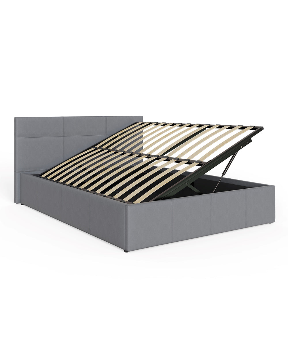 small double bed side lift ottoman from GFW in grey faux leather side facing on a white setting