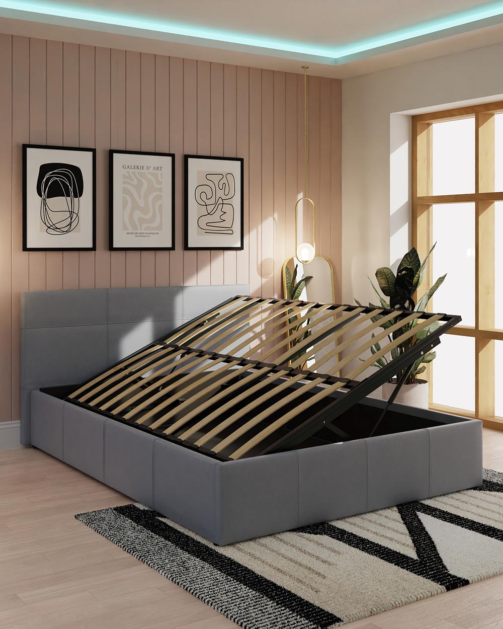 small double bed side lift ottoman from GFW in grey faux leather in a bedroom setting with the side lifted