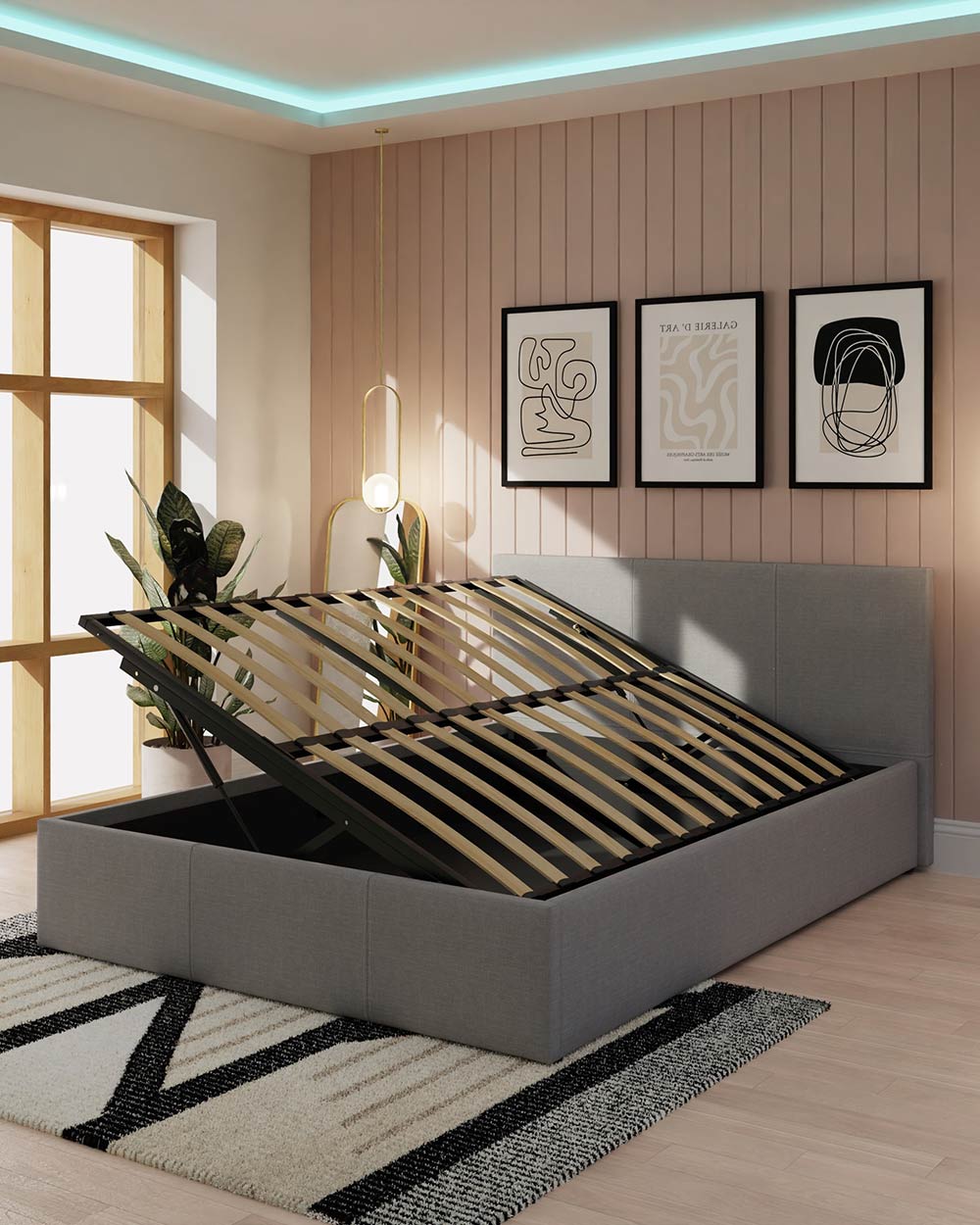 side of lift ottoman small double bed in hopsack GFW in a bedroom setting lifted up