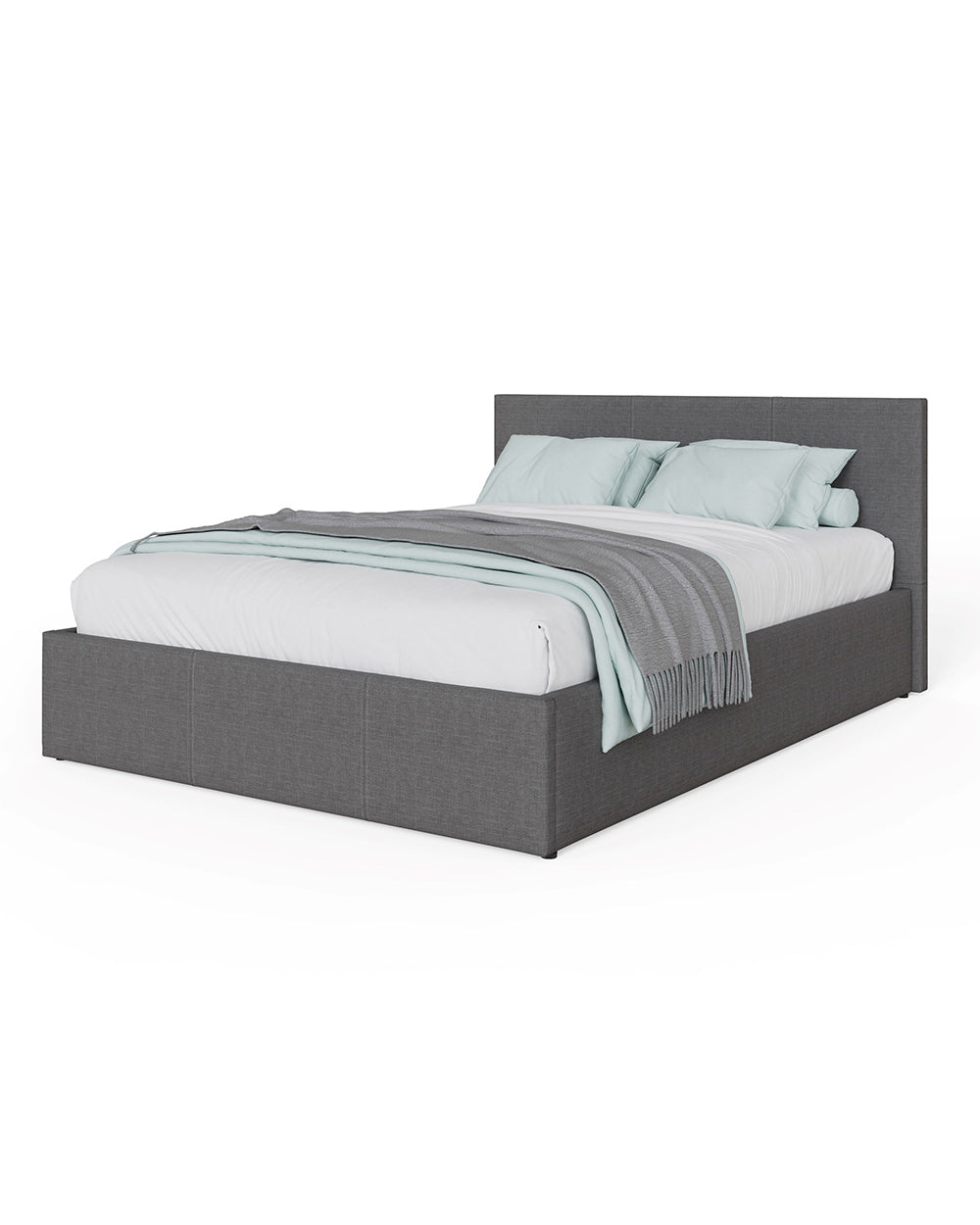 side lift storage bed ottoman bedroom setting on a white back ground