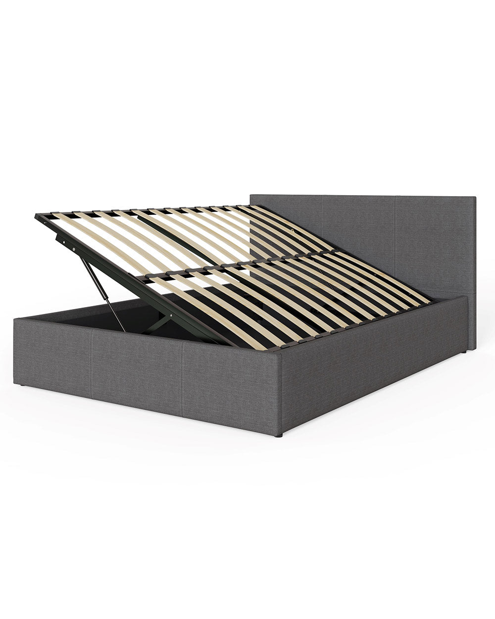 side lift storage bed ottoman lifted up on a white back ground