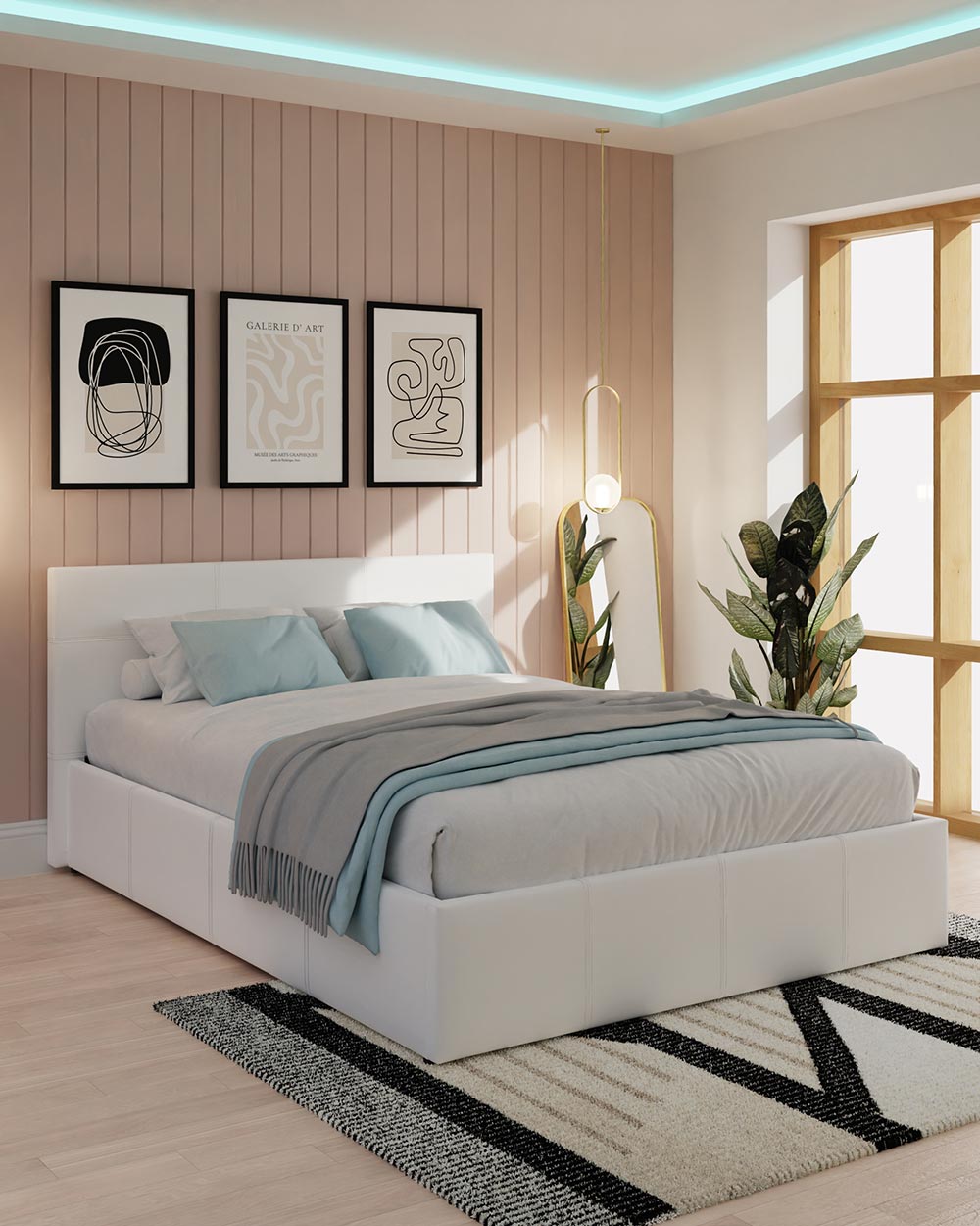 side lift ottoman double bed frame GFW in white leather bedroom setting