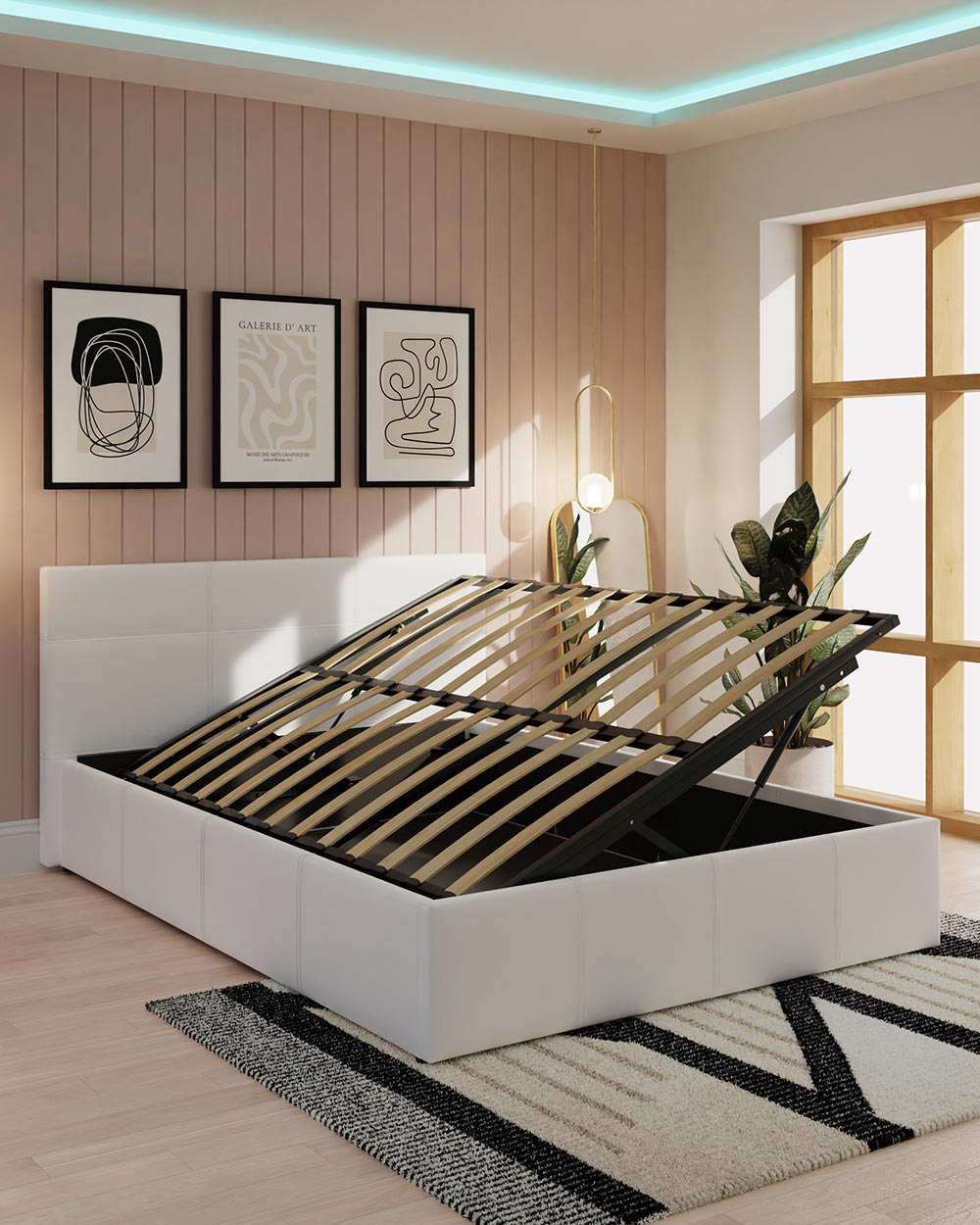 side lift ottoman double bed frame GFW in white leather bedroom lifted up