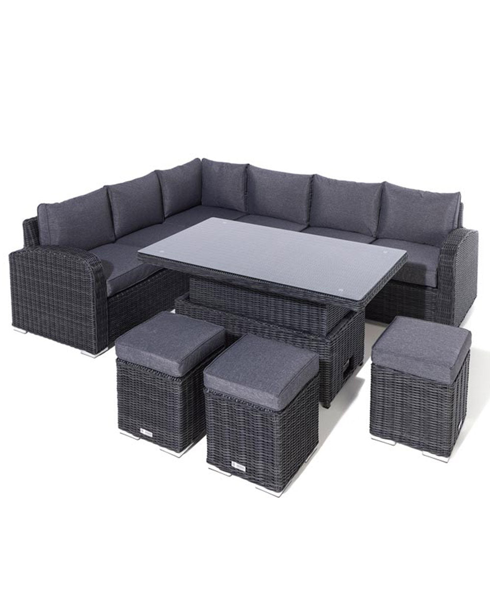 rattan garden furniture corner sofa set with rising table and 3 stools on a white cut out back ground